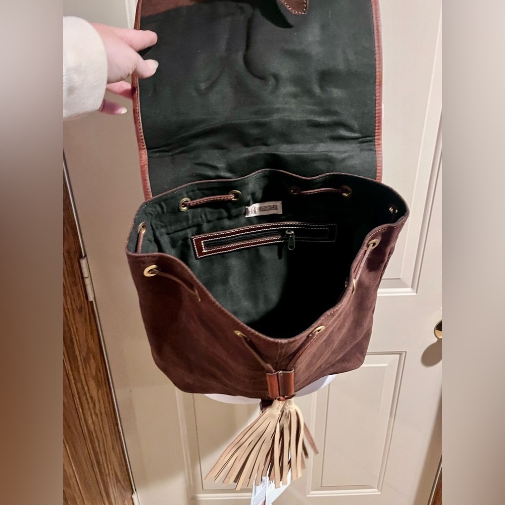 New Huntley Equestrian Suede Leather Cowhide Designer Shoulder Backpack - Picture 10 of 10